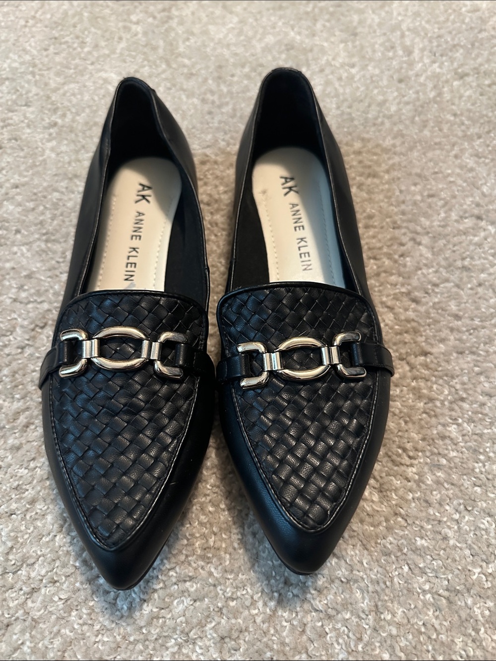 Anne Klein Black Woven Pointed Loafers with Gold Chain